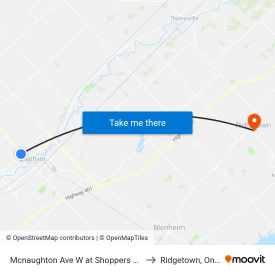 Mcnaughton Ave W at Shoppers Wellwise to Ridgetown, Ontario map