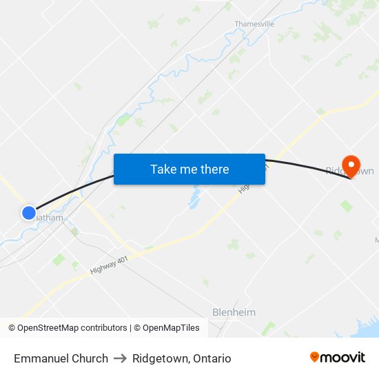 Emmanuel Church to Ridgetown, Ontario map