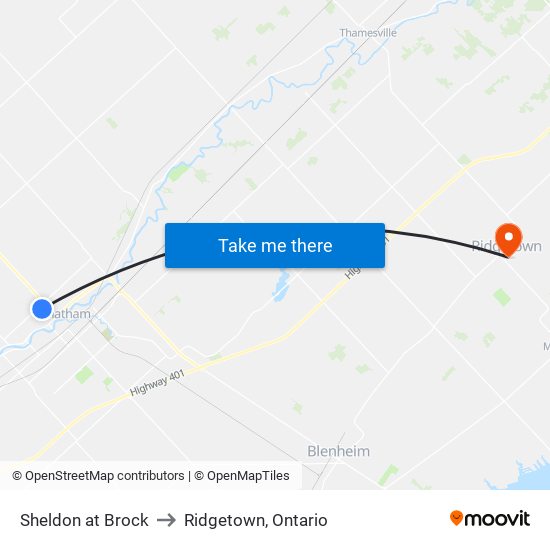 Sheldon at Brock to Ridgetown, Ontario map