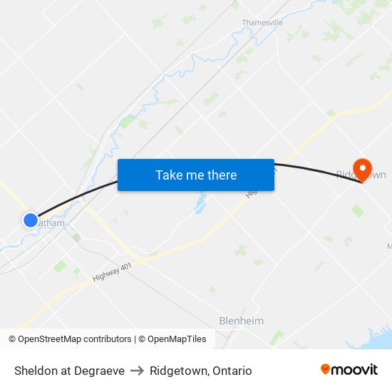 Sheldon at Degraeve to Ridgetown, Ontario map