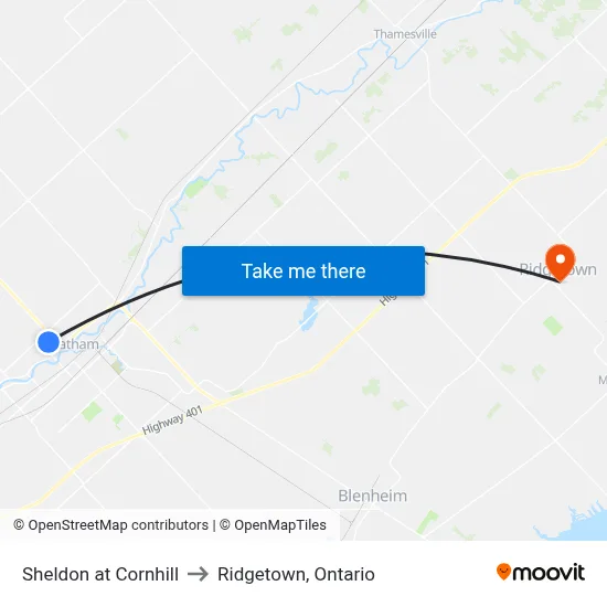 Sheldon at Cornhill to Ridgetown, Ontario map