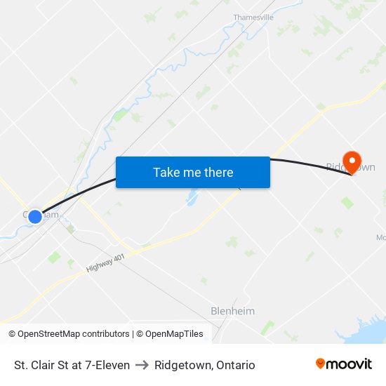 St. Clair St at 7-Eleven to Ridgetown, Ontario map