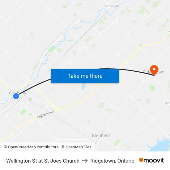 Wellington St at St Joes Church to Ridgetown, Ontario map