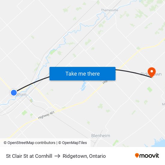 St Clair St at Cornhill to Ridgetown, Ontario map