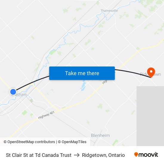 St Clair St at Td Canada Trust to Ridgetown, Ontario map