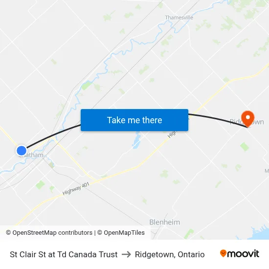 St Clair St at Td Canada Trust to Ridgetown, Ontario map