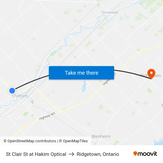 St Clair St at Hakim Optical to Ridgetown, Ontario map