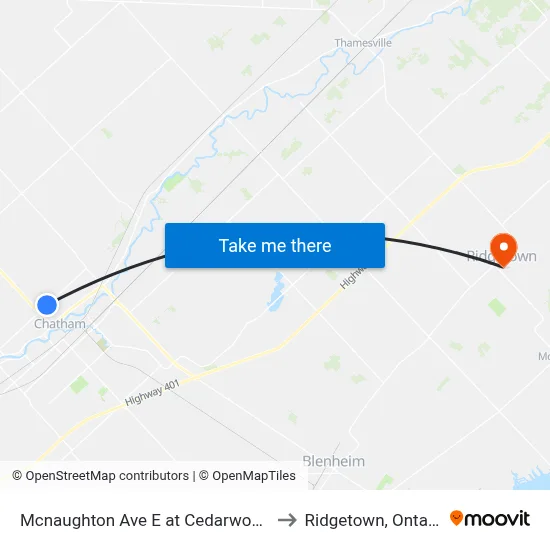 Mcnaughton Ave E at Cedarwoods to Ridgetown, Ontario map