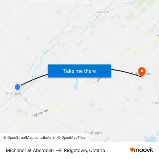Michener at Aberdeen to Ridgetown, Ontario map