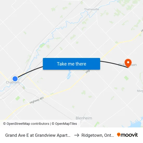 Grand Ave E at Grandview Apartments to Ridgetown, Ontario map
