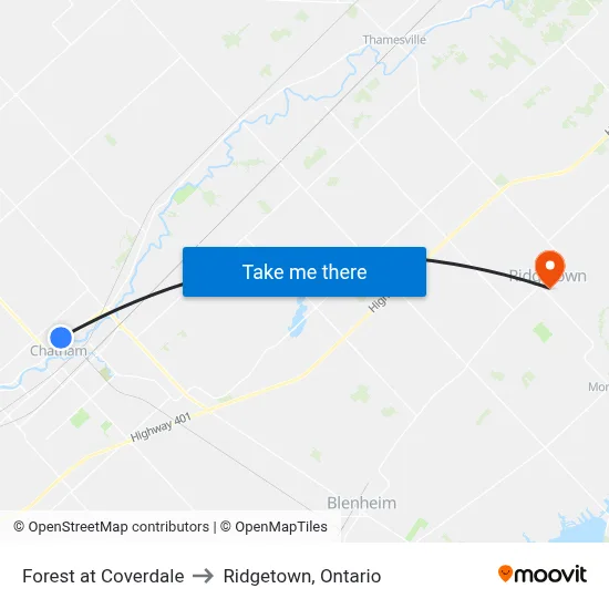 Forest at Coverdale to Ridgetown, Ontario map