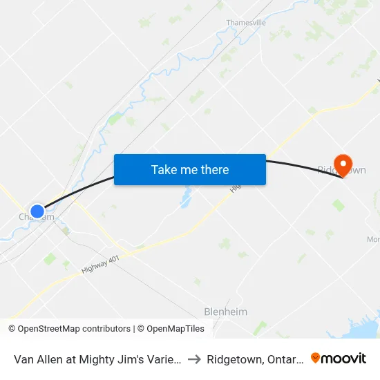 Van Allen at Mighty Jim's Variety to Ridgetown, Ontario map