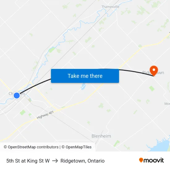 5th St at King St W to Ridgetown, Ontario map