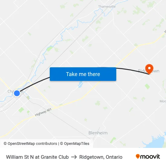 William St N at Granite Club to Ridgetown, Ontario map
