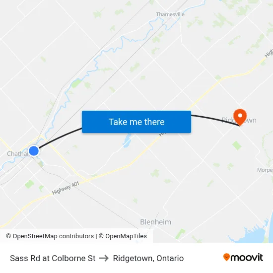 Sass Rd at Colborne St to Ridgetown, Ontario map