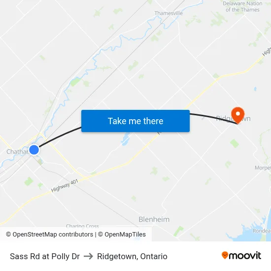 Sass Rd at Polly Dr to Ridgetown, Ontario map