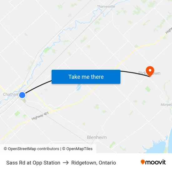 Sass Rd at Opp Station to Ridgetown, Ontario map