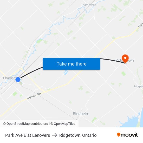 Park Ave E at Lenovers to Ridgetown, Ontario map