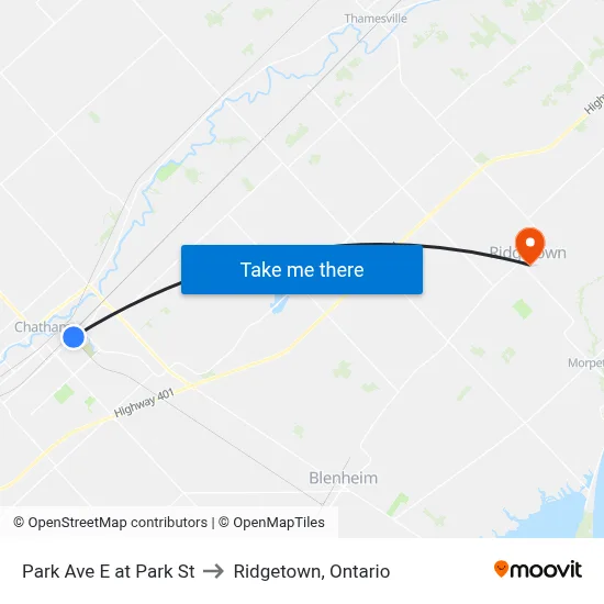 Park Ave E at Park St to Ridgetown, Ontario map