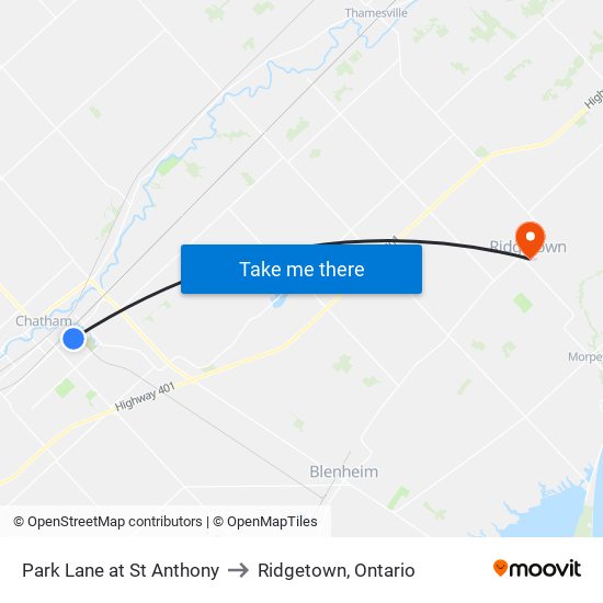 Park Lane at St Anthony to Ridgetown, Ontario map