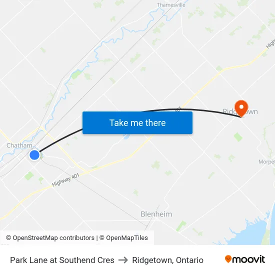 Park Lane at Southend Cres to Ridgetown, Ontario map