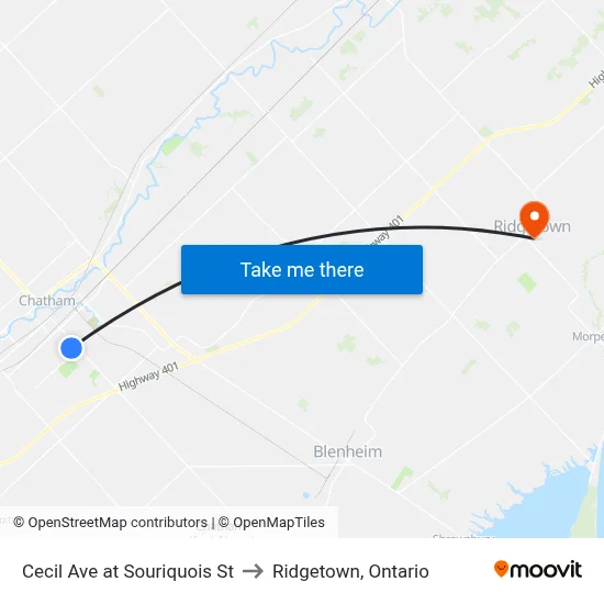 Cecil Ave at Souriquois St to Ridgetown, Ontario map