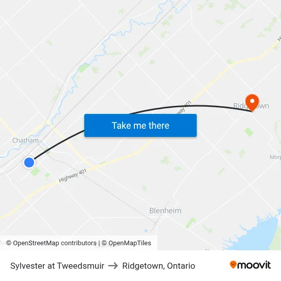 Sylvester at Tweedsmuir to Ridgetown, Ontario map