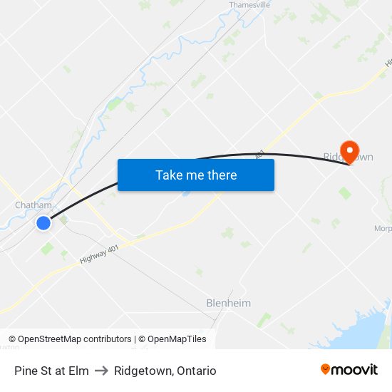 Pine St at Elm to Ridgetown, Ontario map