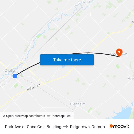 Park Ave at Coca Cola Building to Ridgetown, Ontario map