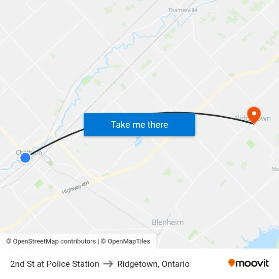 2nd St at Police Station to Ridgetown, Ontario map