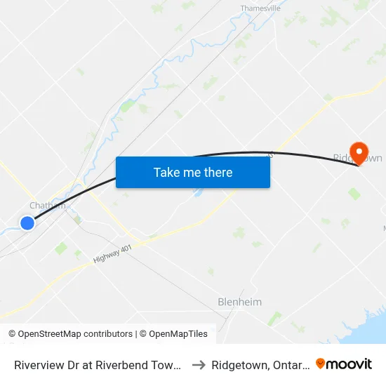 Riverview Dr at Riverbend Towers to Ridgetown, Ontario map