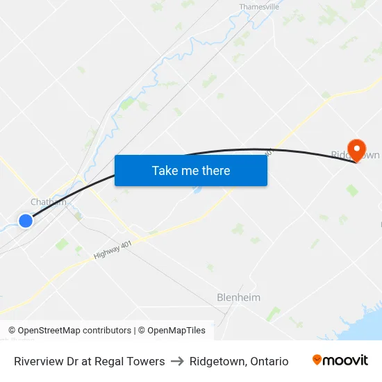 Riverview Dr at Regal Towers to Ridgetown, Ontario map