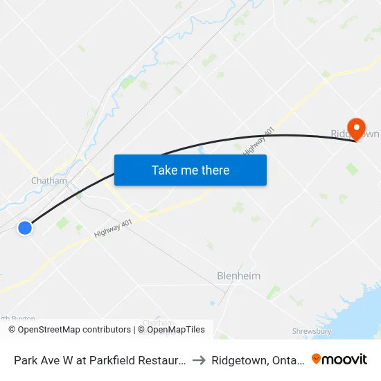 Park Ave W at Parkfield Restaurant to Ridgetown, Ontario map