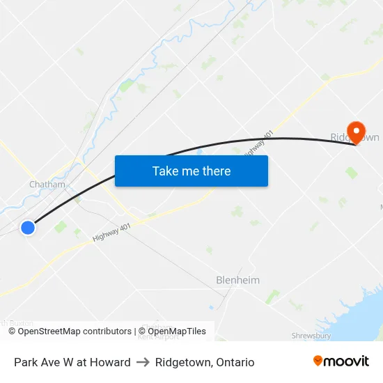 Park Ave W at Howard to Ridgetown, Ontario map