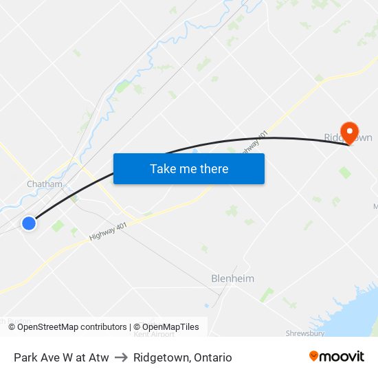 Park Ave W at Atw to Ridgetown, Ontario map