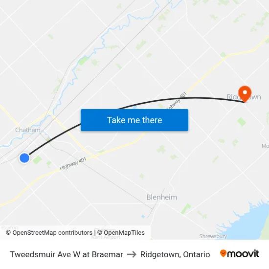 Tweedsmuir Ave W at Braemar to Ridgetown, Ontario map