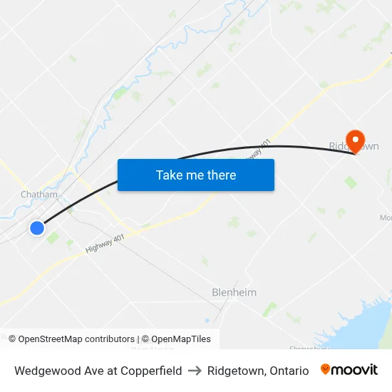 Wedgewood Ave at Copperfield to Ridgetown, Ontario map