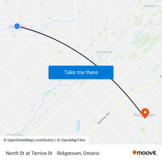 North St at Terrice St to Ridgetown, Ontario map