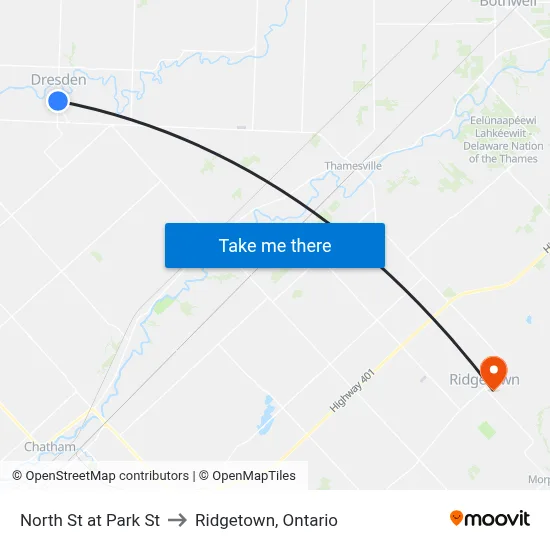 North St at Park St to Ridgetown, Ontario map