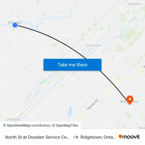North St at Dresden Service Centre to Ridgetown, Ontario map