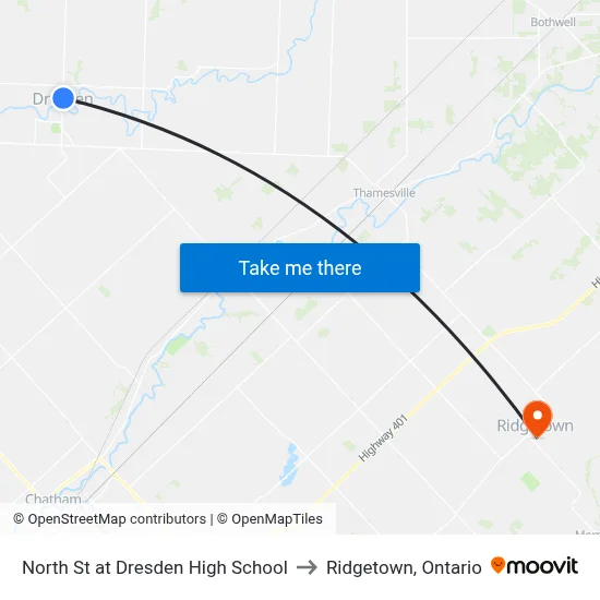 North St at Dresden High School to Ridgetown, Ontario map