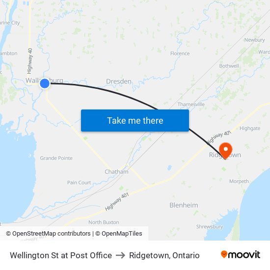 Wellington St at Post Office to Ridgetown, Ontario map