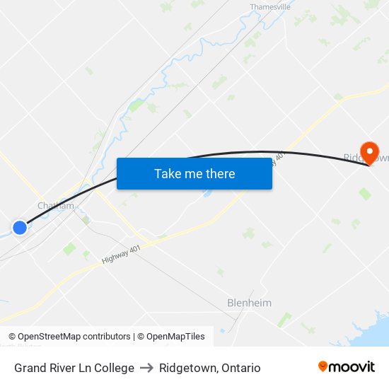 Grand River Ln College to Ridgetown, Ontario map