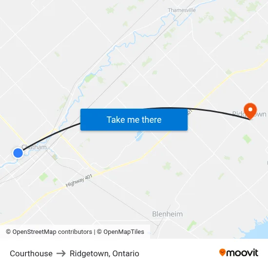 Courthouse to Ridgetown, Ontario map