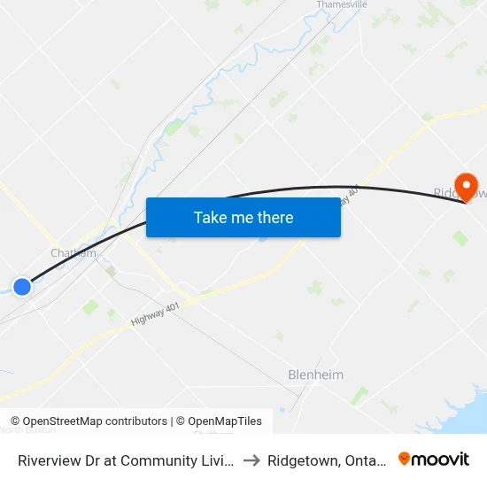 Riverview Dr at Community Living to Ridgetown, Ontario map