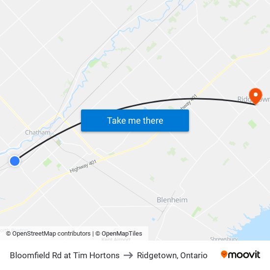 Bloomfield Rd at Tim Hortons to Ridgetown, Ontario map