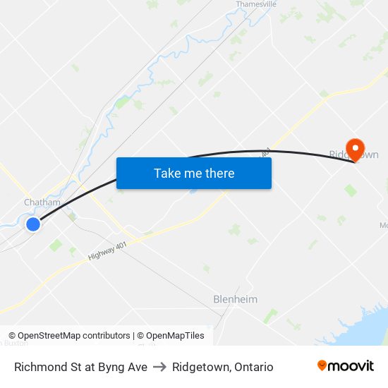 Richmond St at Byng Ave to Ridgetown, Ontario map