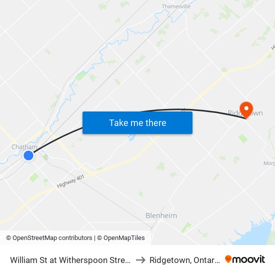William St at Witherspoon Street to Ridgetown, Ontario map