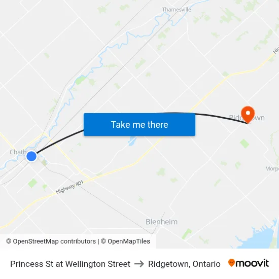 Princess St at Wellington Street to Ridgetown, Ontario map