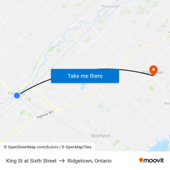 King St at Sixth Street to Ridgetown, Ontario map